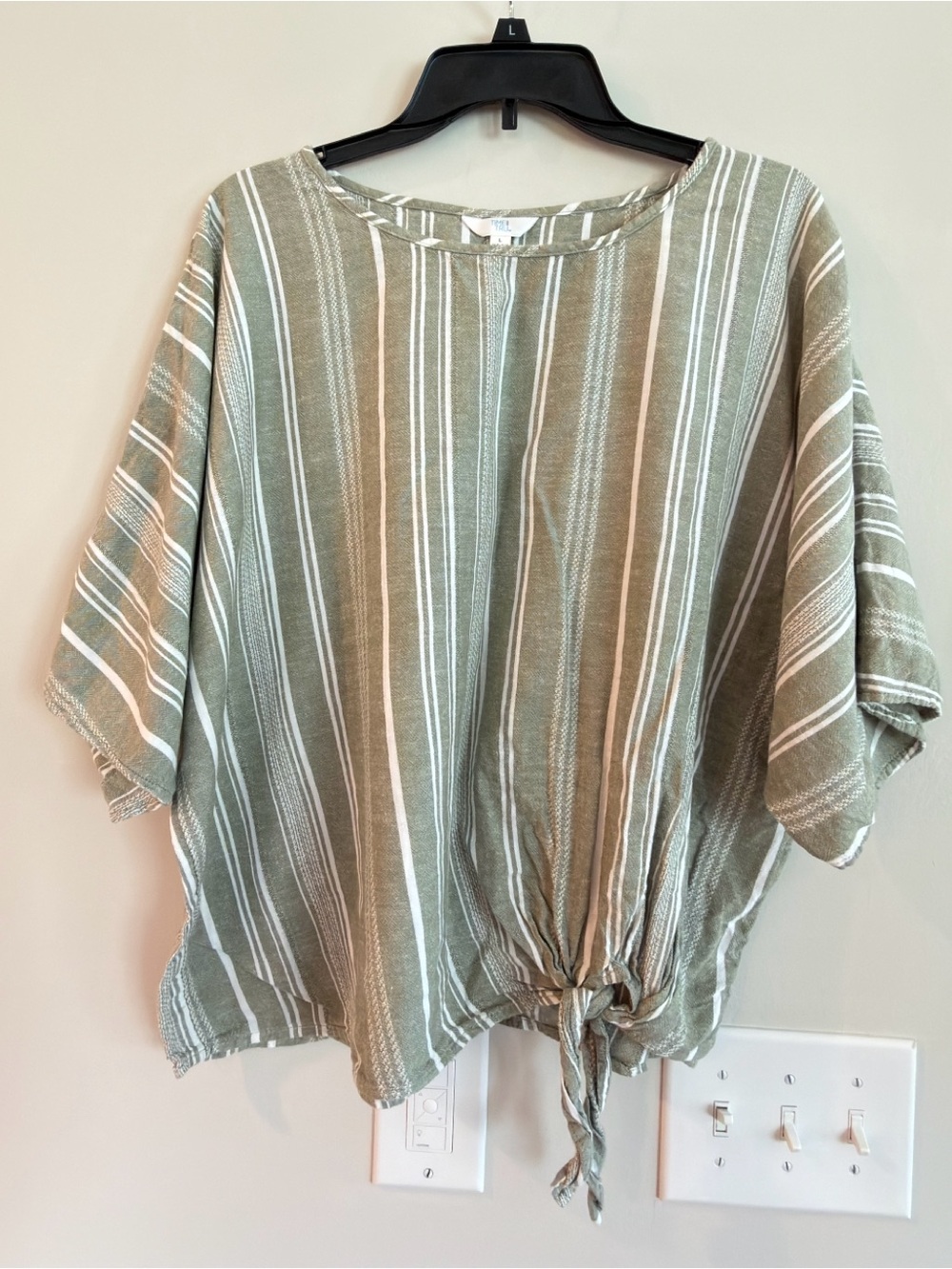 Time and Tru Olive Green and White Striped Tie-Front Tunic